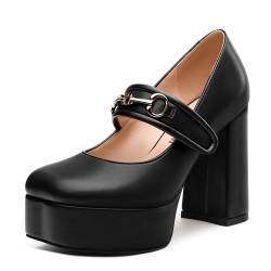 JUSTDANNI Mary Jane Damen-Pumps mit Plateauabsatz, hoher klobiger Absatz, quadratisch, geschlossener Zehenbereich, bequem, einzelner Riemen, matt, Kleid Schuhe für Hochzeit, Party, Büro, Schwarz, 39 von JUSTDANNI