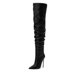 JUSTDANNI Oberschenkelhohe Stiefel für Damen, Overknee-Stiefel, lockere Stiefel mit spitzem Zehenbereich, hohe Stiletto-Absätze, matt, zum Überziehen, für Party, Shopping, Alltag, Schwarz, 42 EU von JUSTDANNI