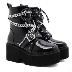 JZWBLDS Chunky Heel Block Ankle Booties, Schnürung Punk Plattform Gothic Motorradstiefel, Mid Calf Kampfstiefel,Schwarz,39 EU von JZWBLDS