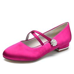 JZWBLDS Damen Brautkleid Flache Schuhe Kreuz Riemen Mary Jane Schuhe Runde Zehe Satin Diamante Party Braut Pumps,Fuchsia,38 EU von JZWBLDS