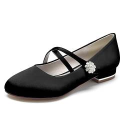 JZWBLDS Damen Brautkleid Flache Schuhe Kreuz Riemen Mary Jane Schuhe Runde Zehe Satin Diamante Party Braut Pumps,Schwarz,36 EU von JZWBLDS