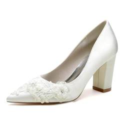 JZWBLDS Damen High Block Heel Braut Pumps Spitze Spitze Hochzeit Party Kleid Schuhe Slip On Büro Arbeit Court Schuhe,Elfenbein,36 EU von JZWBLDS