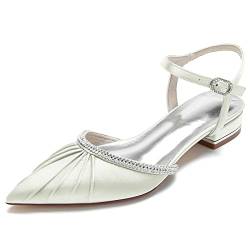 JZWBLDS Damen Knöchelriemen Hochzeit Braut Ballas Schuhe Geschlossen Spitze Zeh Abschlussball Abend Braut Party Kleid Ballerinas Mit Strass,Elfenbein,40 EU von JZWBLDS