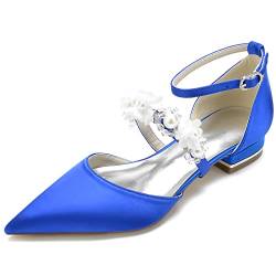 JZWBLDS Damen Satin Spitze Braut Ballerinas Knöchelriemen Hochzeit Ballerinas Perle Formell Abschlussball Party Kleid Pumps,Blau,36 EU von JZWBLDS