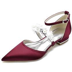 JZWBLDS Damen Satin Spitze Braut Ballerinas Knöchelriemen Hochzeit Ballerinas Perle Formell Abschlussball Party Kleid Pumps,Burgundy,36 EU von JZWBLDS