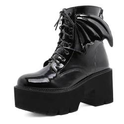 JZWBLDS Damen Schnürschnalle Leder Kampfstiefel, Chunky Heel Goth Punk Stiefeletten, Nietenbesetzte Plateau Motorradstiefel,Schwarz,42 EU von JZWBLDS