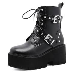 JZWBLDS Damen Schnürung Leder Motorradstiefel,Metallic Gothic Punk Stiefel,Chunky Block Heel Plateau Stiefeletten,Schwarz,38 EU von JZWBLDS