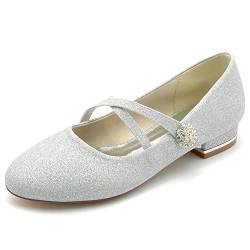 JZWBLDS Frauen Glitter Hochzeitskleid Flats Runde Zehe Kreuzband Mary Jane Schuhe Party Braut Pumps,Silber,43 EU von JZWBLDS