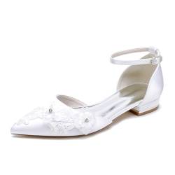 JZWBLDS Frauen Knöchelriemen Hochzeit Ballerinas Satin Spitze Braut Elegante Schuhe Formell Abschlussball Abend Party Ballerinas,Weiß,36 EU von JZWBLDS