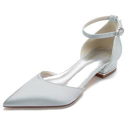 JZWBLDS Frauen Knöchelriemen Hochzeit Flache Schuhe für Braut Spitze Zehe Elfenbein Brautschuhe Abend Party Abschlussball Gastkleid Pumps Flats,Silber,37 EU von JZWBLDS