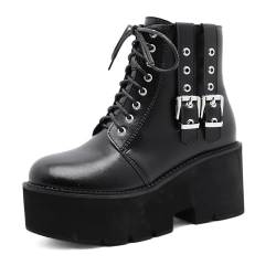 JZWBLDS Frauen Mode Gothic Punk Stiefel, Schwarze Schnürung Plateau Mid Calf Stiefel, Goth Nieten Plattform Stiefeletten,Schwarz,41 EU von JZWBLDS