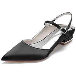 JZWBLDS Frauen Satin Slingback Brautschuhe Knöchelriemen Spitze Zehe Flach Brautkleid Sandalen Knöchelriemen Ballerinas Schuhe,Schwarz,37 EU von JZWBLDS