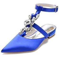 JZWBLDS Frauen Satin Spitze Pantolette Flache Schuhe Kristall T-Strap Unkraut Sandalen Knöchelriemen Abend Party Kleid Schuhe,Blau,43 EU von JZWBLDS