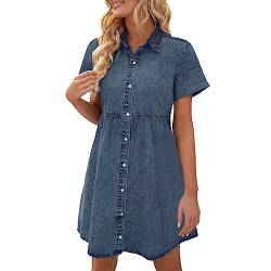 Jabidoos Damen Kleider Sommer : Knielang Locker Denim Kleid Hemdkleid Leicht Button Down Sommer Jeansbluse Jeanskleid Kurzarm Jeans V-Ausschnitt Blusenkleid Maxikleid von Jabidoos