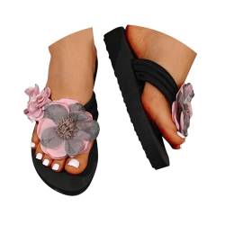 Jabidoos Flip Flops Damen Leder, Elegant Rutschfest Sandalen mit Blumen Zehensandalen Leichte Weite H Flach Flip Flops Zehentrenner Bequem Sommer Frauen Sommerschuhe Flipflopssandalen von Jabidoos