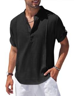 Jacansi Herren Sommerhemd Leinen Kurzarm Strand Hemd Freizeithemden Casual Summer Beach Shirts Schwarz XXL von Jacansi