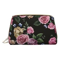 Kleine Make-up-Tasche für Geldbörse, Kosmetiktaschen für Damen, Leder, Make-up-Tasche mit Reißverschluss, Make-up-Tasche für Reisen, Schwarz Blackgound Rose, Einheitsgröße von Jadery