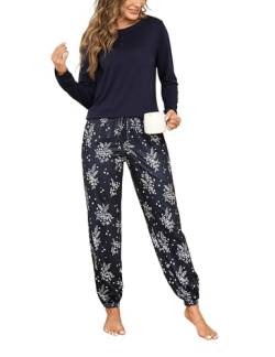 Jahetuul Damen Schlafanzug Baumwolle Pyjama Damen mit Blumenmuster Schlafanzüge für Mädchen Homewear Women Pyjamas Set Schlafhosen Baumwolle lang von Jahetuul