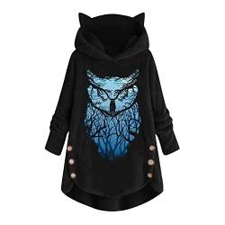 Jaihank Oversize Hoodie Damen Modisch Kapuzenpullover mit Katzenohren Winter Warm Weich Kapuzen Sweatwear Eule Druck Longshirt Tops Teddy Pullover Knopfsaum Langarmshirt Kapuzenpulli Oberteile von Jaihank