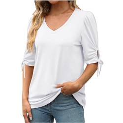 Damen T Shirt mit V-Ausschnitt Kurzärmeliges Casual Lockere Basic Sommer Tee Shirts Bluse Elegant Bequeme Oberteile Einfarbig Baumwolle T-Shirt Tops Blitzangebote des Tages Weiß L von Jamicy