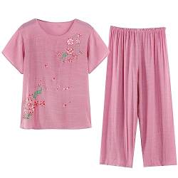 Jamicy 2-Teilige Lounge Set Damen Schlafanzug Kurzarm Rundhals Oberteile Mit Lange Hose Leinen Baumwolle Freizeitanzug Sommer Drucken Outfit Set Zweiteiler Pyjama Set Hausanzug Prime-Rabatte Rosa XXL von Jamicy