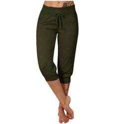 Jamicy Damen Sommer Caprihose Jogginghose Lässig Locker Bequem 3/4 Lange Hose Baumwolle Sommerhose Yoga Fitness Activewear mit Tasche für Sport und Freizeit Sale Angebote Armeegrün L von Jamicy