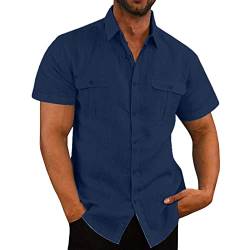 Leinenhemd Herren Kurzarm Hemd Sommer Freizeithemd Mit Brusttasche Button Down Regular Fit Kurzarmhemd Businesshemd Männer Einfarbig Basic Baumwolle Leinen Shirt Marine L von Jamicy