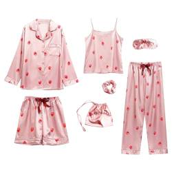 Jamron Damen 7PCS Satin Pyjama Set Frühling Sommer Herbst Tops & Kurze Hose Nachtwäsche SN07655 Rosa Erdbeere L von Jamron
