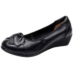 Jamron Damen Echtleder Bequemschuhe Weich Sohle Blume Ballerinas Niedrige Keilabsatz Pumps Slippers Schwarz SN070358 EU35 von Jamron