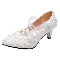 Jamron Damen Elegant Spitzenbesatz 5CM Absatz Weiß Hochzeitsschuhe Pumps mit Perlen SN070427 EU37.5 von Jamron