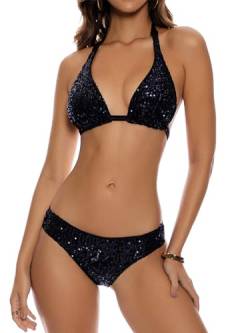 JanJean Damen Badeanzug 2-er Bikini Set Pailletten Bikini Oberteil Push Up BH Bikinihose Minislip String Bademode Strandmode Sexy Unterwäsche Set Schwarz M von JanJean