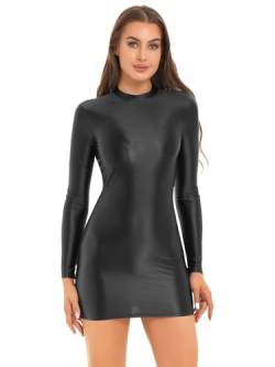 JanJean Damen Öl Minikleid Sexy Wetlook Glossy Kleider mit Stehkragen Langarm Partykleid Bodycon Kleid Erotik Clubwear Schwarz XL von JanJean