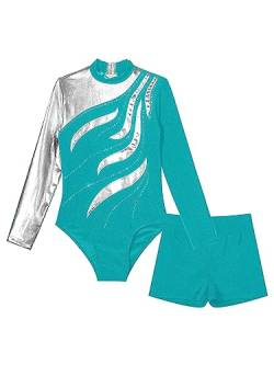 JanJean Mädchen Gymnastikanzug Metallic Ballettanzug Langarm Turnanzug Ballett Trikot mit Kurze Hose Leotard Wettbewerb Tanzkostüm W blauer See 146-152 von JanJean