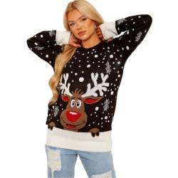 Janisramone® Weihnachtspullover Damen Strick Rentier Merry Christmas Sweater, Weihnachtspulli Damen Langarm Rundhals Rudolph Weihnachtsjumper für Frauen von Janisramone