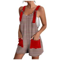 Jaoxiuozi Jumpsuit Damen Sommer Kurze Hose Overall Lose Kurzarm Einteiler Latzhose mit Taschen Frauen Baggy Lässig Spielanzug Strampler (Red, S) von Jaoxiuozi