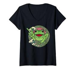 Damen Vintage Wildlife Japanische Kunst Frieden Grüner Frosch T-Shirt mit V-Ausschnitt von Japanese Animal Amphibian Pet Lover Apparel