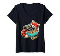 Damen Süße Kawaii Baby Red Panda Japan Food Ramen Nudeln T-Shirt mit V-Ausschnitt von Japanese Cuisine Noodle Eating Lover Apparel