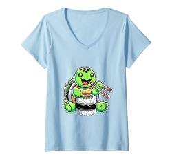 Damen Kawaii Turtle Eating Musubi Hawaii Japanisches Essen Reis T-Shirt mit V-Ausschnitt von Japanese Food Gift For A Musubi Lover