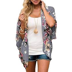 Jarseila Damen Cardigan Chiffon Bolero Florale Kimono Sommer Strand Bikini Cover Up Lose Bluse Tops Boho Leicht Casual 3/4 Ärmel Leichte Beachwear #F-Grau S von Jarseila