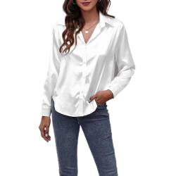 Jarseila Satin Bluse Damen Casual Seidenbluse Elegant Langarmshirt V-Ausschnitt Oberteile Damen Top Hemden Einfarbig Weiß XXL von Jarseila