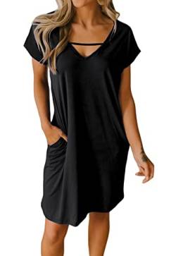 JayscreateEU Damenkleid Sommerkleid Tunikakleid T-Shirtkleid Knielanges Kleid A-Linie Kurzarm Kleid Freizeitkleid V-Ausschnitt Kleid mit Taschen Strandkleid Umstandskleid Kleider ，Schwarz，M von JayscreateEU