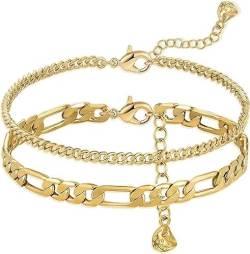 Jenosy Layered Armband Damen Gold 14K Vergoldet Figaro Ketten Verstellbar Armband für Frauen Mädchen Schmuck von Jenosy