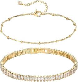 Jenosy 14K Vergoldet Armband Damen Gold Layered Set Figaro Satellite Chain Cuban Link für Frauen Mädchen Schmuck von Jenosy