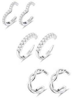 JeryWe 3 Paare Sterling Silber Ohr Manschetten Ohrringe für Frauen Einstellbare Cubic Zirkonia Manschetten Ohrringe Nicht durchbohrt Knorpel Tragus Set, Silber von JeryWe