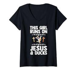 Damen Dieses Mädchen läuft auf Jesus und Enten T-Shirt mit V-Ausschnitt von Jesus & Bible Gift