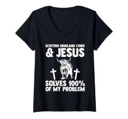 Damen Scottisch Highland Cows & Jesus löst Problemkühe T-Shirt mit V-Ausschnitt von Jesus & Bible Gift