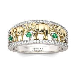 Jeulia 1.5 Karat Elefant Ring Ehering für Frauen 18 Karat vergoldet Verlobungsring Set Zweifarbige Rundschliff Zirkonia Ringe Jubiläumsversprechen Romantisches Geschenk (54（17.3）, Grün) von Jeulia