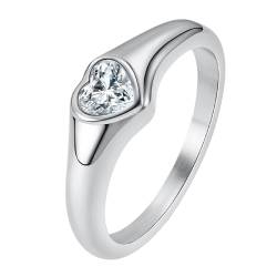 JewelryWe Herz Ring Damen Verlobungsring: Edelstahl Damen-Ring mit Herzförmig Zirkonia Frauen Eheringe Trauringe Herz Minimalistisch Ring für Versprechen Engagement Hochzeit Silber Größe 52 von JewelryWe