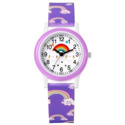 JewelryWe Kinder Armbanduhr Silikon Kinderuhr: Lila Silikonarmband Junge Mädchen Süße Regenbogen Wolken Muster Analog Quarz Uhr Sportuhr Lernuhr von JewelryWe