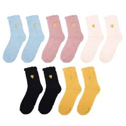 JewelryWe Kuschelsocken Damen Flauschige Socken: 5 Paar Warme Dicke Wintersocken Kuschelige Bettsocken Schlafsocken Weiche Flauschsocken Thermosocken mit Herz Stickerei Geschenk für Frau Mädchen von JewelryWe